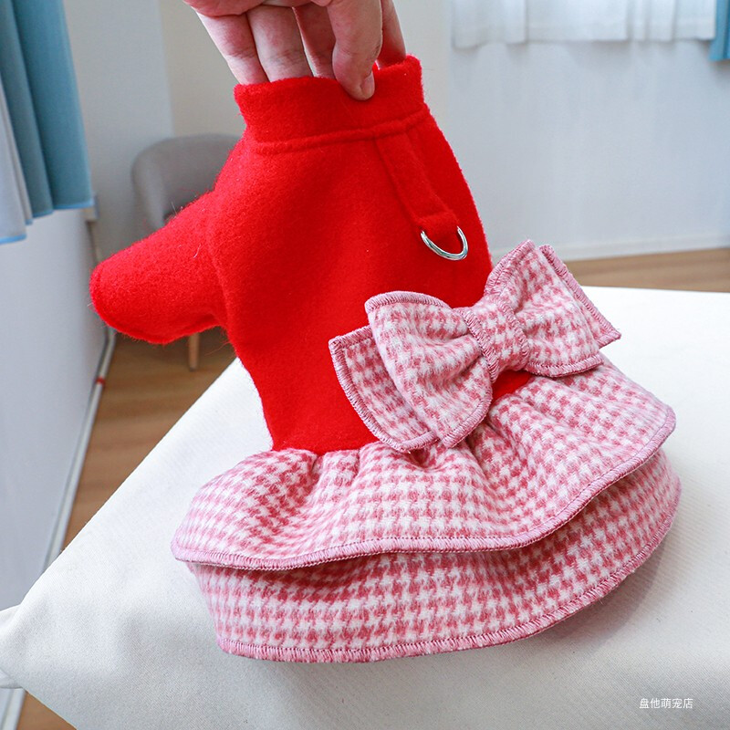 1 vnt. naminių gyvūnėlių rūbai katės rudeninei žiemai sustorinta šilta raudona princesės suknelė diržo sutraukiama sagtis, tinka mažam ir vidutinio dydžio šuniui