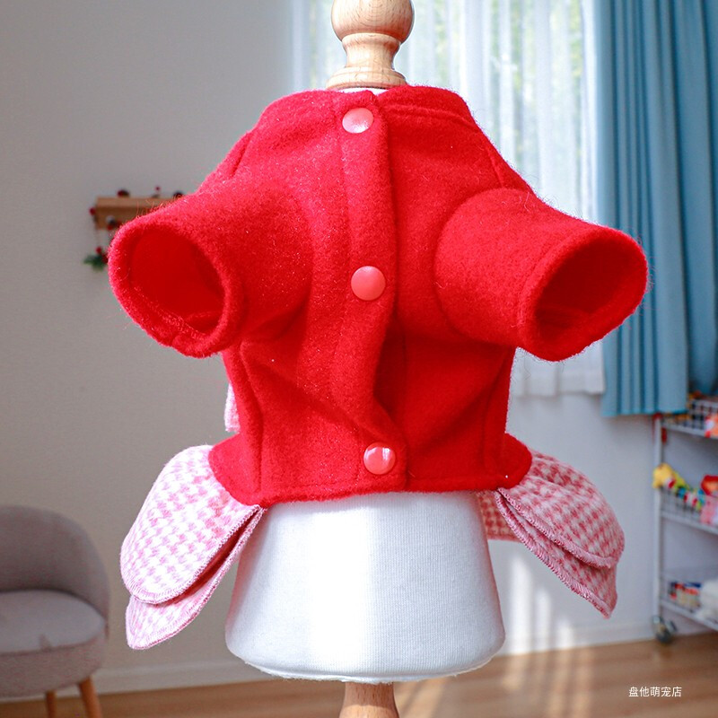 1 vnt. naminių gyvūnėlių rūbai katės rudeninei žiemai sustorinta šilta raudona princesės suknelė diržo sutraukiama sagtis, tinka mažam ir vidutinio dydžio šuniui