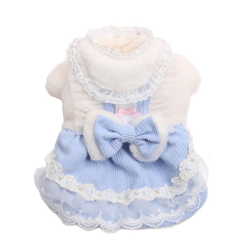 Princesės šunų katės šilta suknelė, dvigubo nėrinių ir lanko dizaino šuniuko žieminis paltukas