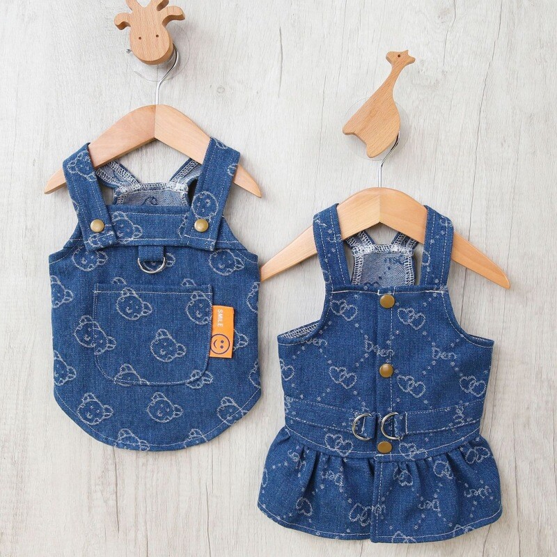 Costume de blugi Love pentru animale de companie, rochie din denim pentru câini, vestă cu ham pentru câini de talie mică, fustă de lux cu bretele pentru câini, cu imprimeu drăguț, haine pentru cățeluș, livrare directe