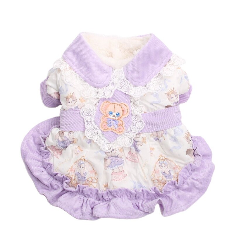 Princesės šunų katės šilta suknelė su nėriniais ir animacinio filmo dizaino šuniuko žieminio paltuko komplektas šunims, katėms