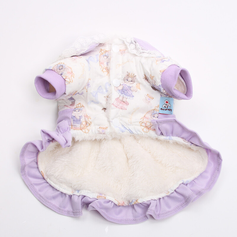 Princesės šunų katės šilta suknelė su nėriniais ir animacinio filmo dizaino šuniuko žieminio paltuko komplektas šunims, katėms