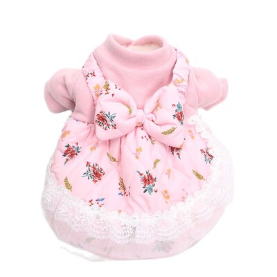 Princezná, psík, mačka, teplé šaty, kvetinový a mašľový dizajn, zimný kabát pre šteniatka, outfit pre psy a mačky