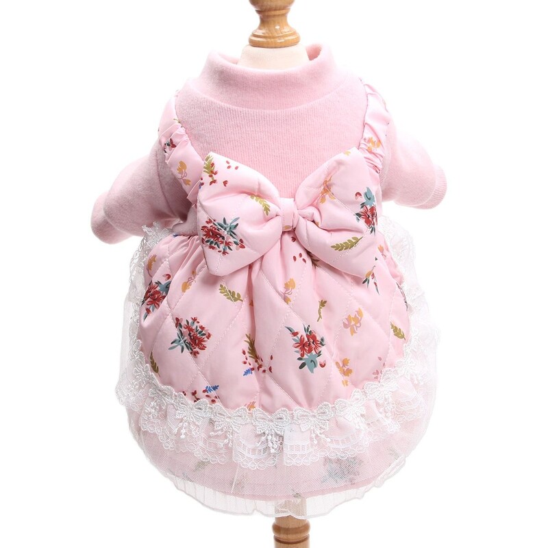Princezná, psík, mačka, teplé šaty, kvetinový a mašľový dizajn, zimný kabát pre šteniatka, outfit pre psy a mačky