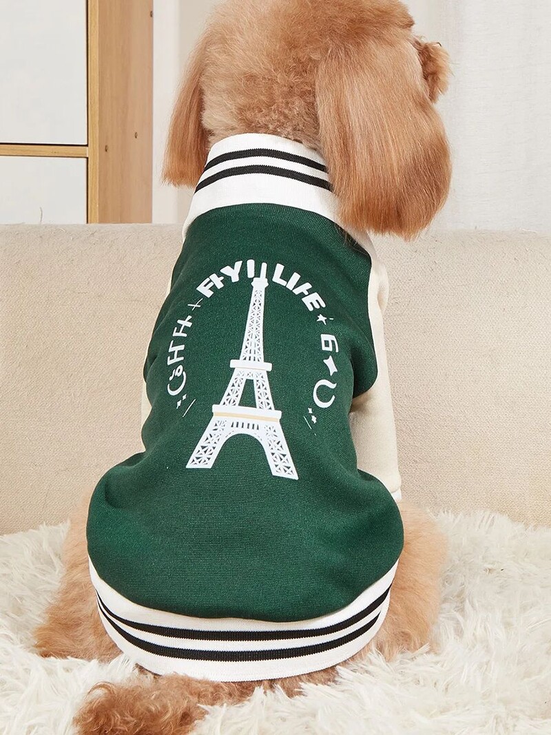 Mājdzīvnieku drēbes suņu kaķu jaka siltas un ērtas drēbes ar Eifeļa torņa apdruku zaļā aprikožu savārstījumā jauns stils