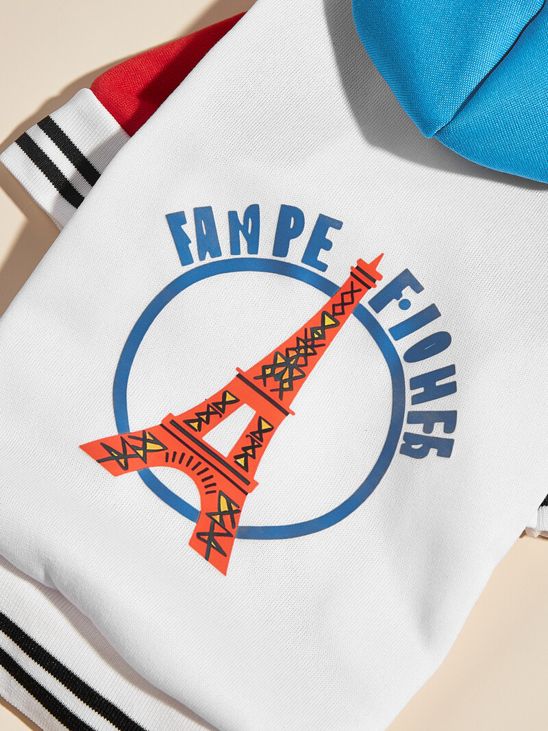 Haina pentru animale de companie jacheta caine pisica Haina calduroasa si confortabila cu panouri albastre, albe si rosii imprimeu Turnul Eiffel