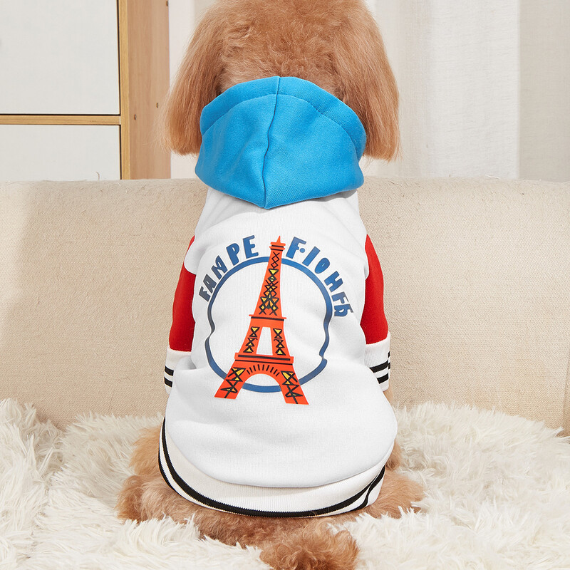 Haina pentru animale de companie jacheta caine pisica Haina calduroasa si confortabila cu panouri albastre, albe si rosii imprimeu Turnul Eiffel