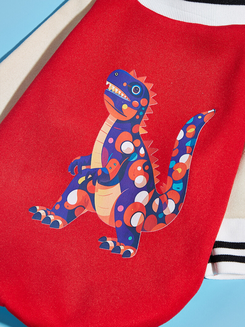 Mājdzīvnieku drēbes suņu kaķu jaka siltas un ērtas drēbes ar dinozauru apdruku sarkanu aprikožu šuvēm jaunā stilā