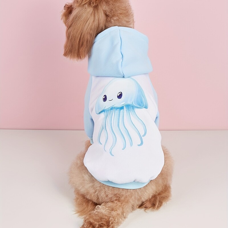 Mājdzīvnieku drēbes suņu kaķu sporta krekls ar kapuci ar samta siltu un ērtu zili baltu paneļu apģērbu ar medūzu apdruku vienkāršs