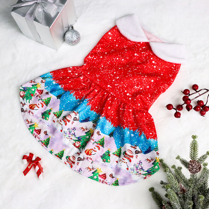 Kalėdų atostogų šunų taškelių suknelės šuniuko suknelė su Kalėdų seneliu ir briedžiu marginti šuniuko drabužiai Kalėdų eglutė šuniukas Kalėdos