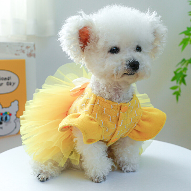 1 vnt. naminių gyvūnėlių drabužiai šunų katės rudeniui ir žiemai pastorinta šilta geltona lanko princesės suknelė su užtrauktuku, skirta mažiems vidutiniams šunims