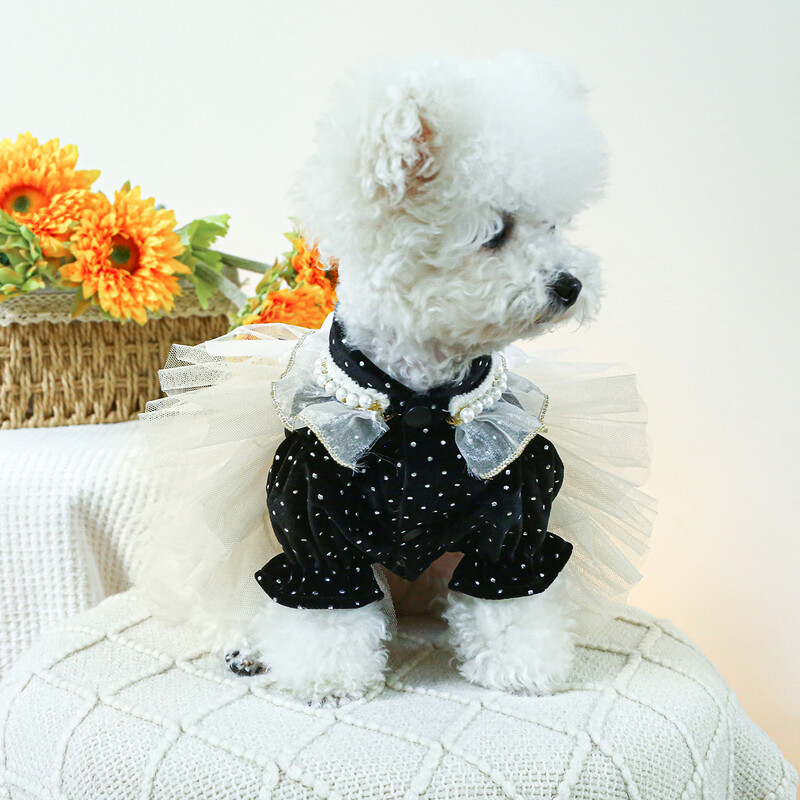 1PC îmbrăcăminte pentru animale de companie câine toamnă și iarnă rochie de mireasă prințesă cu punct din catifea neagră cu cataramă cu șnur pentru câini mici și mijlocii