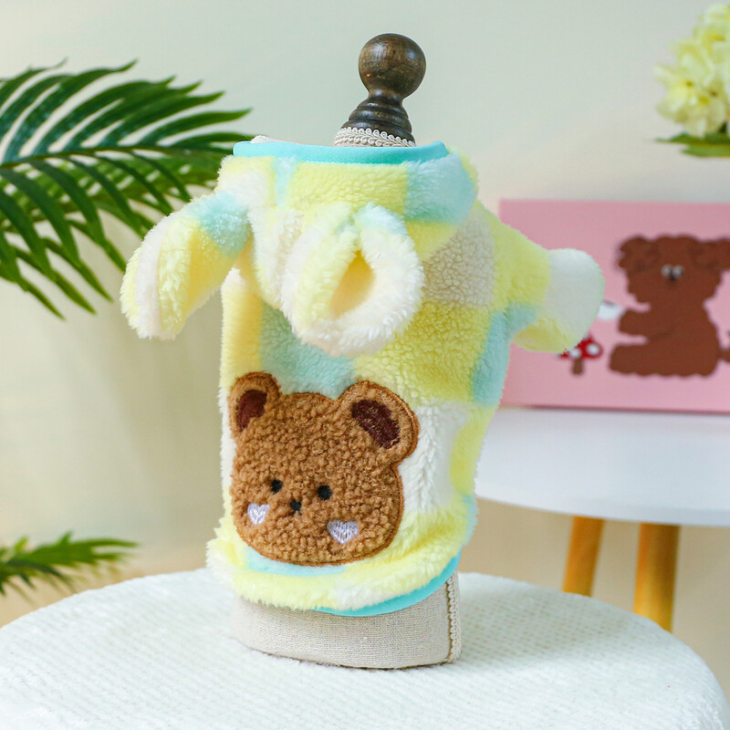 1PC îmbrăcăminte pentru animale de companie, toamnă iarnă, îngroșată, galbenă caldă, în carouri, pălărie cu cap de urs, cu cataramă cu șnur pentru câini mici și mijlocii