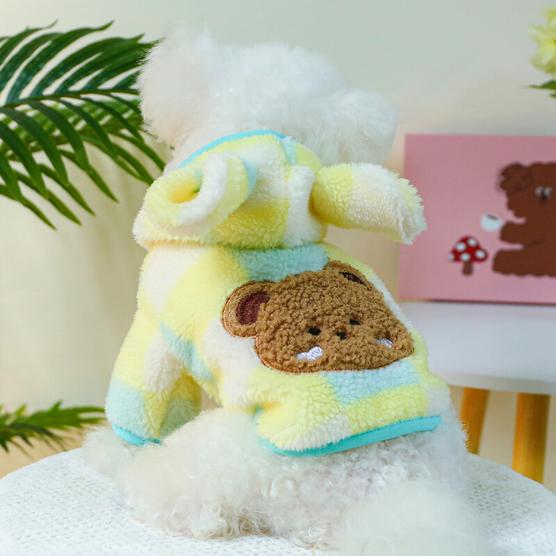 1PC îmbrăcăminte pentru animale de companie, toamnă iarnă, îngroșată, galbenă caldă, în carouri, pălărie cu cap de urs, cu cataramă cu șnur pentru câini mici și mijlocii