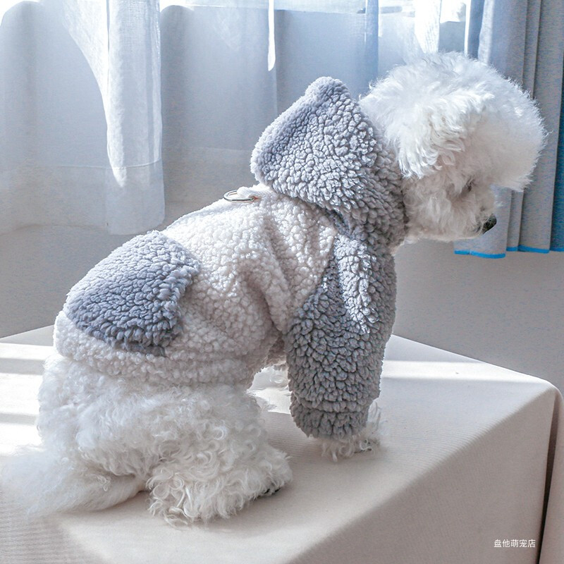 1PC Odjeća za kućne ljubimce, jesen i zima, plišana podebljana topla siva kapa s kopčom za vuču, prikladna za male i srednje pse