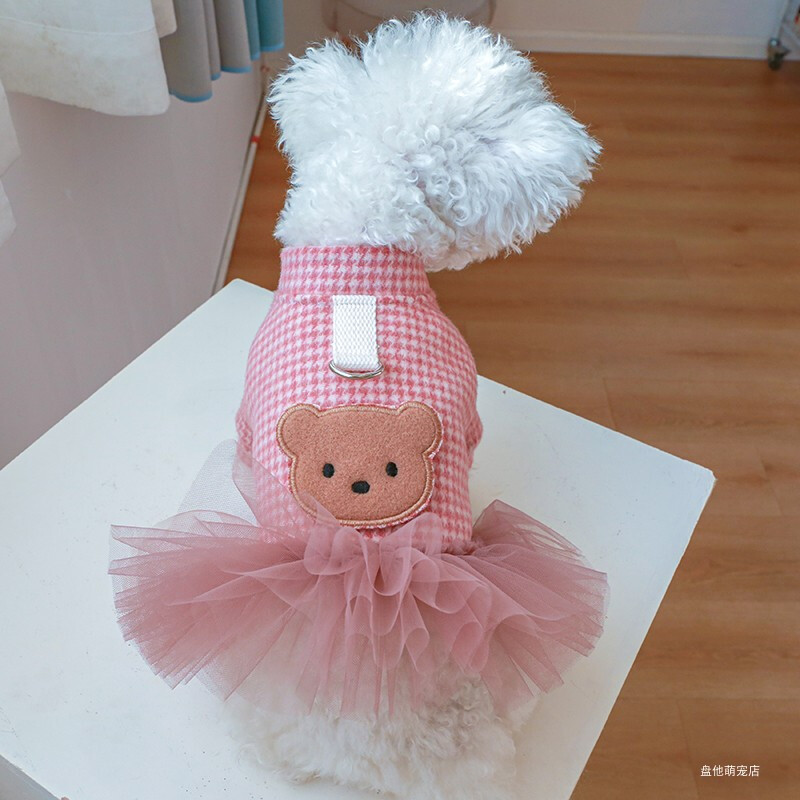 1 vnt. naminių gyvūnėlių rūbai katėms rudens ir žiemos stora rožinė languota princesės suknelė su sagtimi, tinka mažiems ir vidutinio dydžio šunims