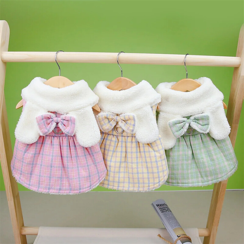 Drăguț în carouri prințesă câine pisică rochie caldă design fundă pentru animale de companie cățeluș haină de iarnă ținută pentru fată câine pisică