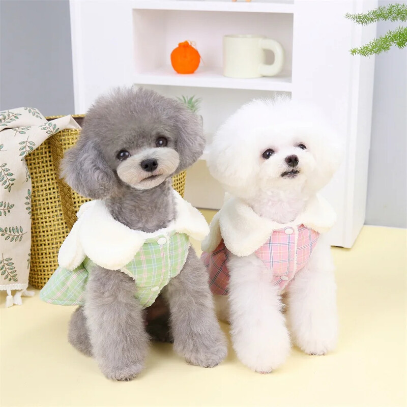 Drăguț în carouri prințesă câine pisică rochie caldă design fundă pentru animale de companie cățeluș haină de iarnă ținută pentru fată câine pisică