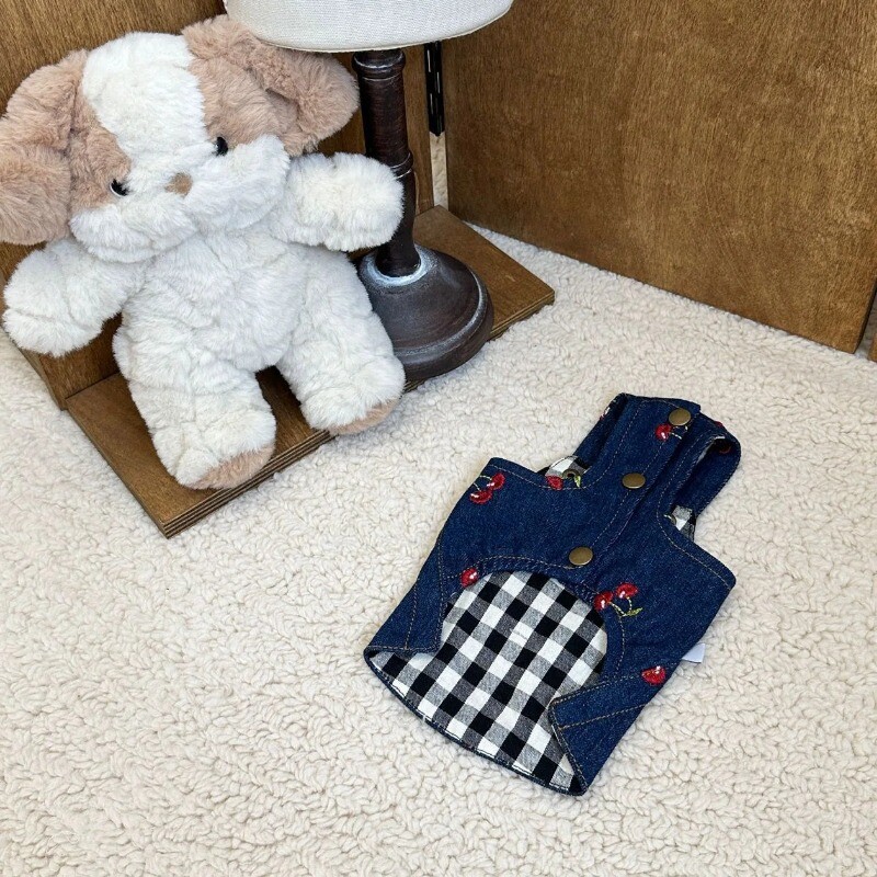Jauki ķiršu mājdzīvnieku apģērbi Suņu kleitas Džinsu siksniņu kleita Suņu ķiršu siksniņu kleita Svārki Ķirbju Teddy Šnaucera kucēna apģērbs