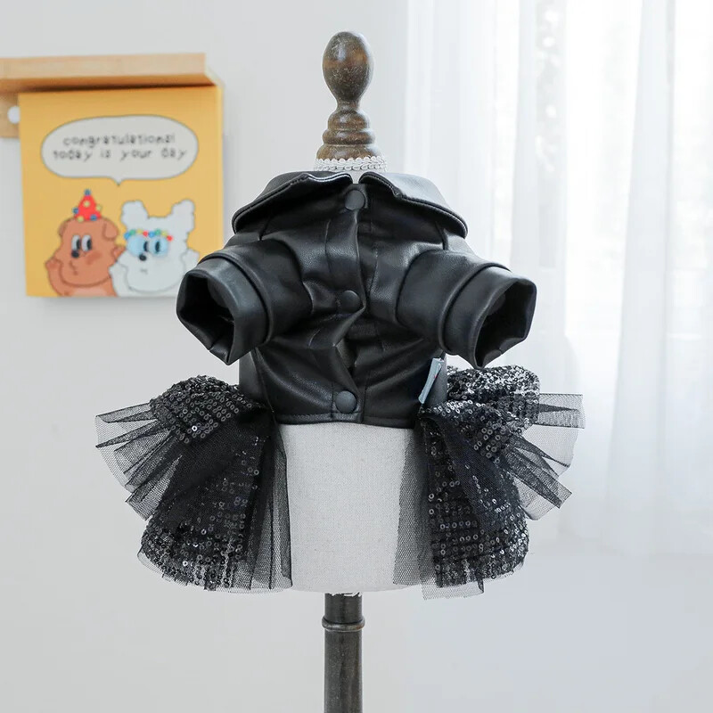 Rochie de câine din piele punk cu paiete, prințesă, neagră, impermeabilă, toamnă/iarnă, pentru animale de companie, haină pentru fată, băiat, ținută elegantă, potrivită pentru petreceri