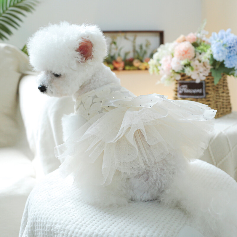 1 gab mājdzīvnieku apģērbs pavasara un rudens balto ziedu pasaku kāzu kleita Princeses kleita, kas piemērota maziem un vidējiem suņiem