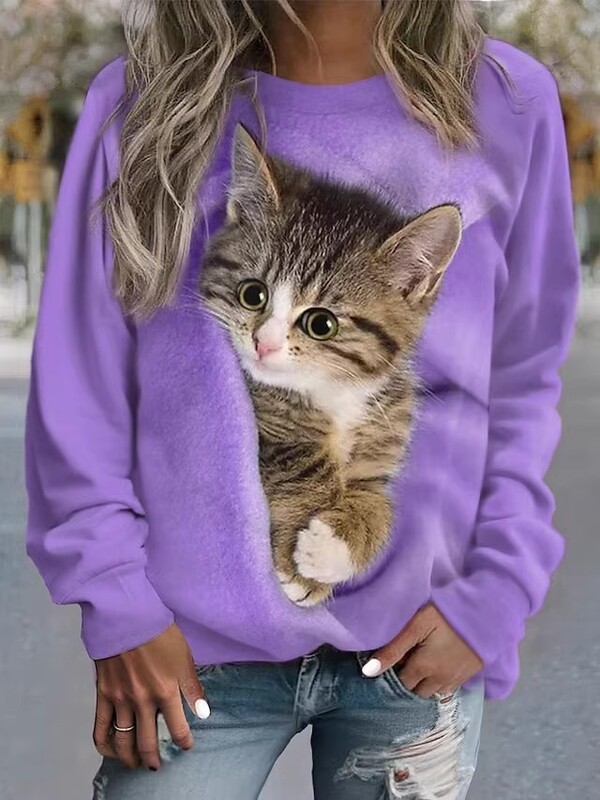 Spēcīga auduma Eiropas un Amerikas pārrobežu 3D digitālā druka sporta krekls ar apaļu apkakli cute cat dzīvnieku atpūtai