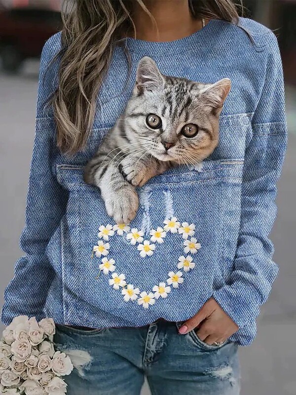 Spēcīga auduma Eiropas un Amerikas pārrobežu 3D digitālā druka sporta krekls ar apaļu apkakli cute cat dzīvnieku atpūtai