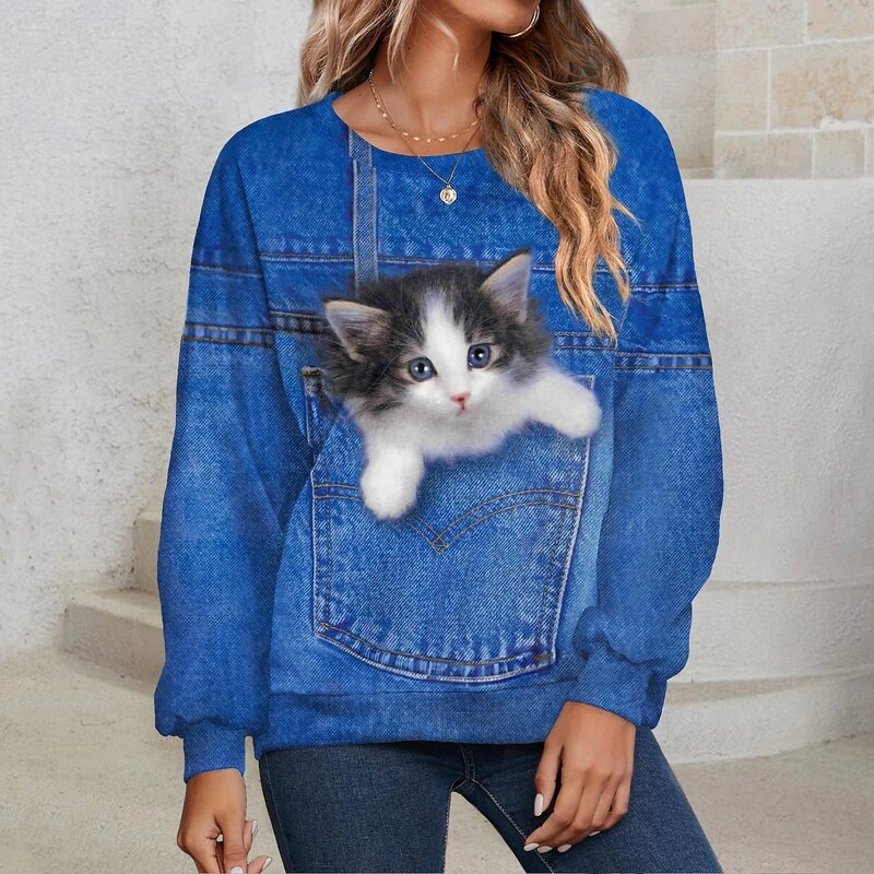 Spēcīga auduma Eiropas un Amerikas pārrobežu 3D digitālā druka sporta krekls ar apaļu apkakli cute cat dzīvnieku atpūtai