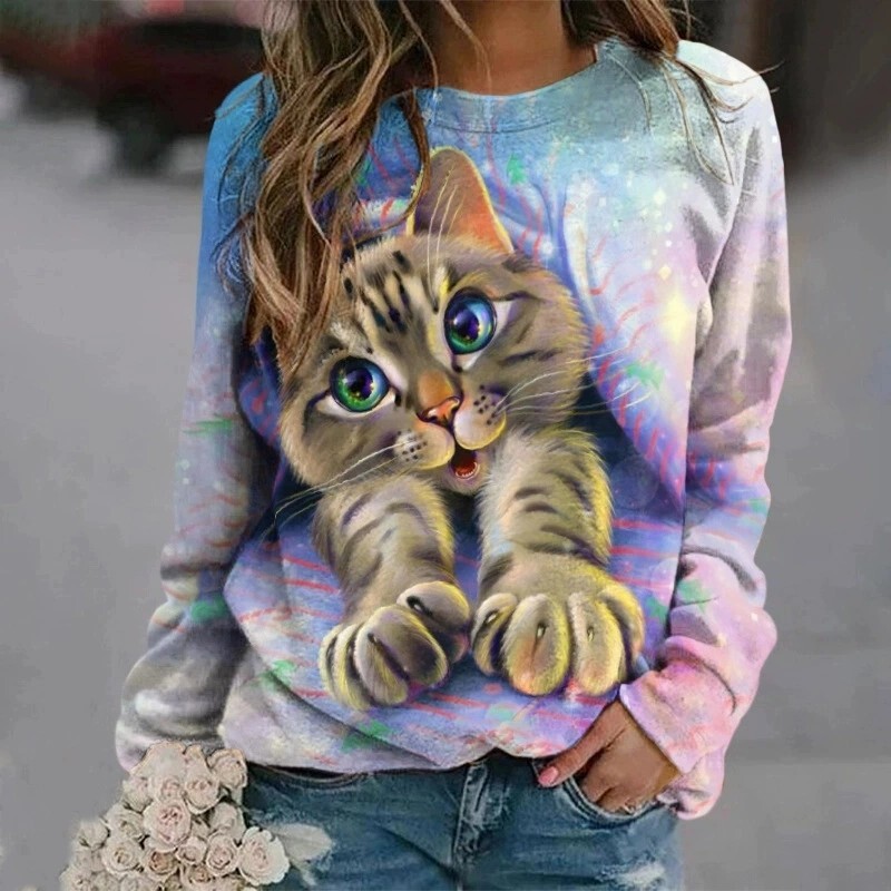 Spēcīga auduma Eiropas un Amerikas pārrobežu 3D digitālā druka sporta krekls ar apaļu apkakli cute cat dzīvnieku atpūtai