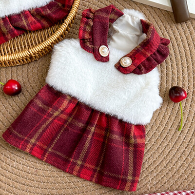 Naminių gyvūnėlių rudens/žiemos pliušinis sujungimas languota kalėdinė princesė suknelė šunų drabužiai rudens/žiemos nėrinių suknelė mažiems šunims