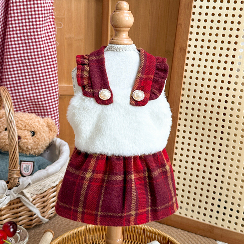 Naminių gyvūnėlių rudens/žiemos pliušinis sujungimas languota kalėdinė princesė suknelė šunų drabužiai rudens/žiemos nėrinių suknelė mažiems šunims