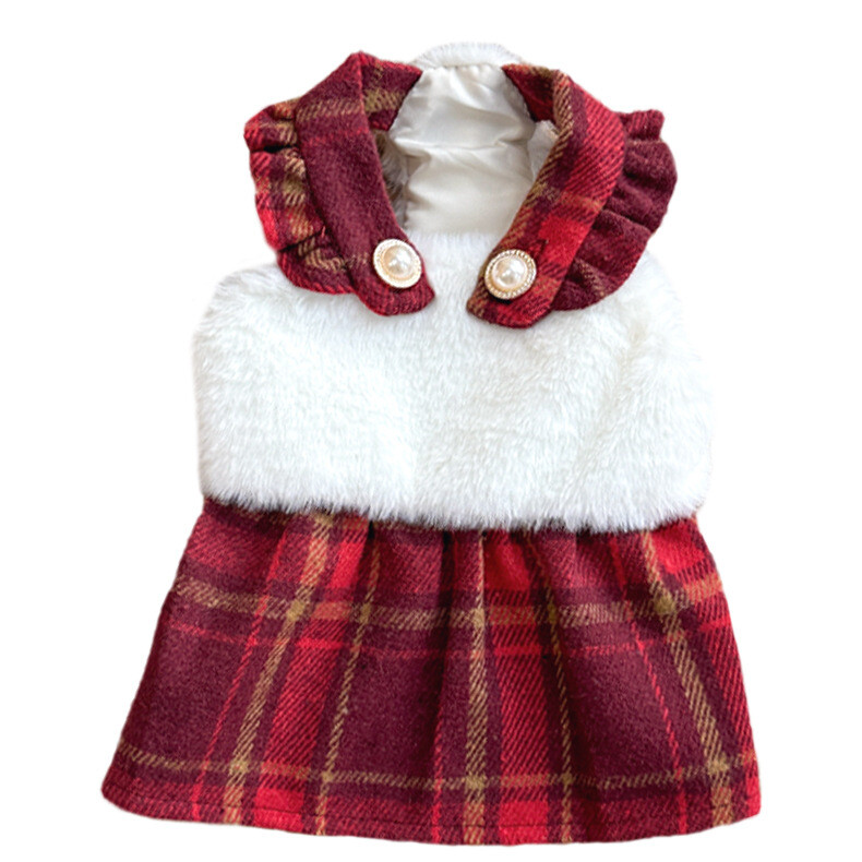 Naminių gyvūnėlių rudens/žiemos pliušinis sujungimas languota kalėdinė princesė suknelė šunų drabužiai rudens/žiemos nėrinių suknelė mažiems šunims