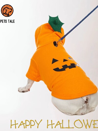 Mikina s kapucňou s tekvicou a psíkom na Halloween - roztomilý dizajn s jack-o'-lanternou, kapucňou z listov a otvorom na vodítko