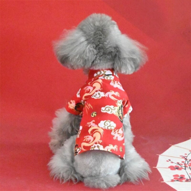 Costum Tang pentru câine din bumbac Cămașă moale în stil chinezesc Îmbrăcăminte pentru câini de Anul Nou Dragon/Model de nor de bun augur Respirabil