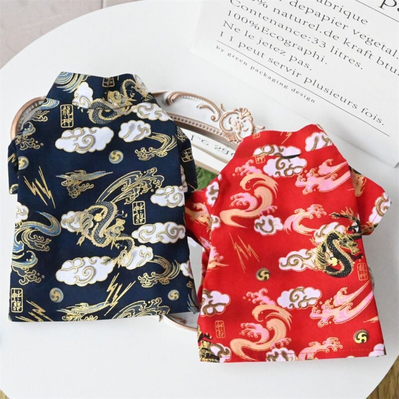 Costum Tang pentru câine din bumbac Cămașă moale în stil chinezesc Îmbrăcăminte pentru câini de Anul Nou Dragon/Model de nor de bun augur Respirabil