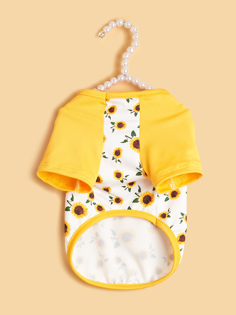 Tricou pentru câini din pânză pentru animale de companie cu haine imprimate cu floarea-soarelui pentru câine, pisică, îmbrăcăminte florală, costum pisoi