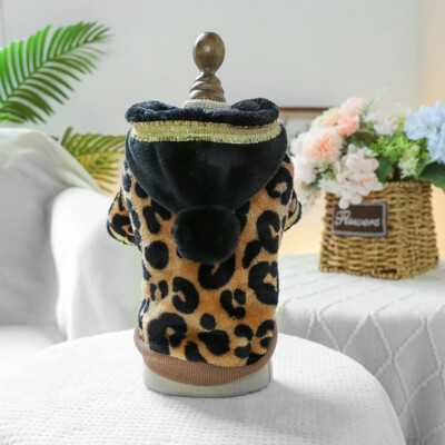 Animal de companie, toamnă și iarnă, cu glugă, cu glugă, haine pentru pisici, cu flanel, cu imprimeu de leopard, haină caldă în aer liber, haine pentru câini de designer
