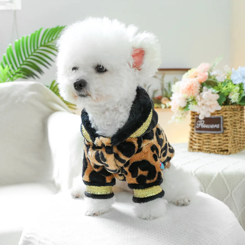 Animal de companie, toamnă și iarnă, cu glugă, cu glugă, haine pentru pisici, cu flanel, cu imprimeu de leopard, haină caldă în aer liber, haine pentru câini de designer