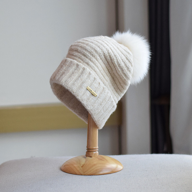 Jauna sieviešu trikotāžas kašmira cepure rudens ziemas lapsas kažokādas cepure japāņu gadījuma universāla cepure Vilnas cepure