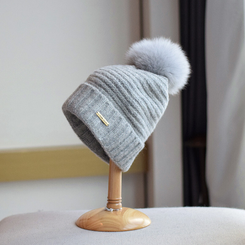 Jauna sieviešu trikotāžas kašmira cepure rudens ziemas lapsas kažokādas cepure japāņu gadījuma universāla cepure Vilnas cepure