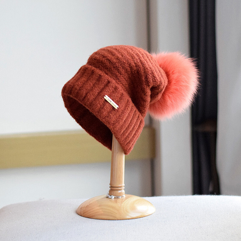 Jauna sieviešu trikotāžas kašmira cepure rudens ziemas lapsas kažokādas cepure japāņu gadījuma universāla cepure Vilnas cepure