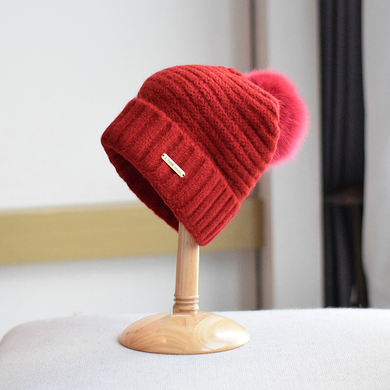 Jauna sieviešu trikotāžas kašmira cepure rudens ziemas lapsas kažokādas cepure japāņu gadījuma universāla cepure Vilnas cepure