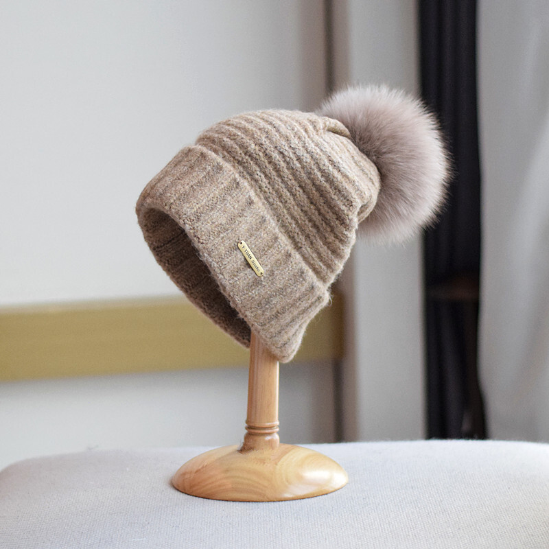 Jauna sieviešu trikotāžas kašmira cepure rudens ziemas lapsas kažokādas cepure japāņu gadījuma universāla cepure Vilnas cepure