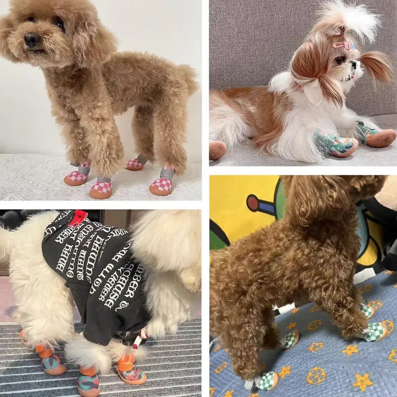 4GAB suņu apavi maziem suņiem Pretslīdes suņu zābaki ar regulējamu burvju uzlīmju siksnu, elpojošu, sieta mājdzīvnieku ķepu aizsargiem ārā