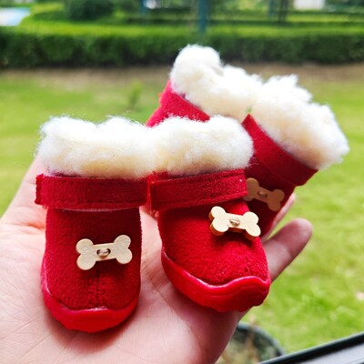 Cizme de câine drăguț cu os pentru câini de talie mică Chihuahua Cizme anti-alunecare Animale de companie Îngroșați fleece pantofi cald de iarnă pentru cățeluș Protector pentru labe de pisică