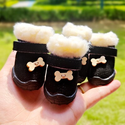 Cizme de câine drăguț cu os pentru câini de talie mică Chihuahua Cizme anti-alunecare Animale de companie Îngroșați fleece pantofi cald de iarnă pentru cățeluș Protector pentru labe de pisică