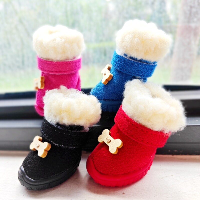 Cizme de câine drăguț cu os pentru câini de talie mică Chihuahua Cizme anti-alunecare Animale de companie Îngroșați fleece pantofi cald de iarnă pentru cățeluș Protector pentru labe de pisică