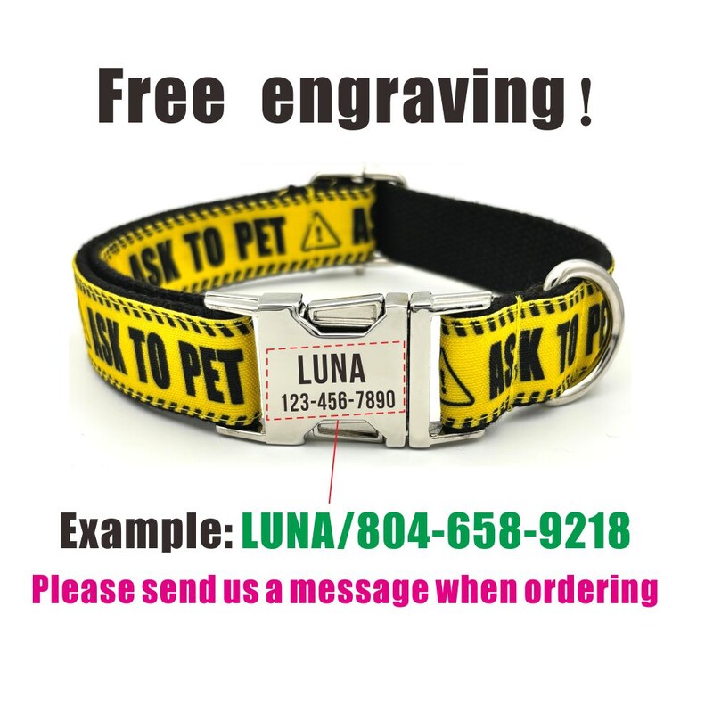 Guler personalizat pentru câini cu gravare gratuită, lesă asortată pentru animale de companie, cataramă de metal cu contacte personalizate, guler pentru semn de avertizare pentru animale de companie