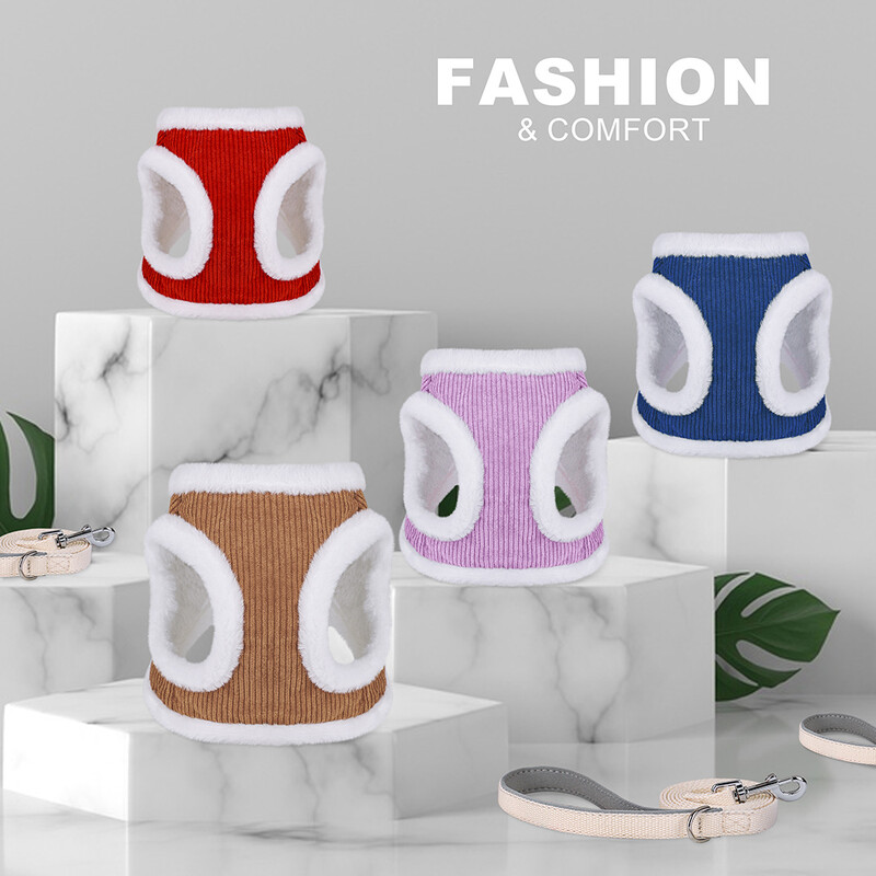 Set de ham și lesă pentru câini de iarnă caldă, cu blană moale, pisică, vestă pentru câini, pentru câini de talie mică, mijlocie, pisici, chihuahua, buldog francez