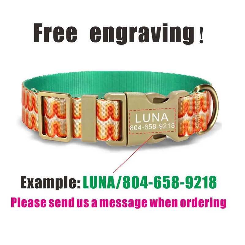 Zgarda personalizata pentru animale de companie, ID personalizat pe placuta de identificare, fibra moale ajustabila portocalie Big Wave, zgarda pentru pisici si caini, lesa din plumb